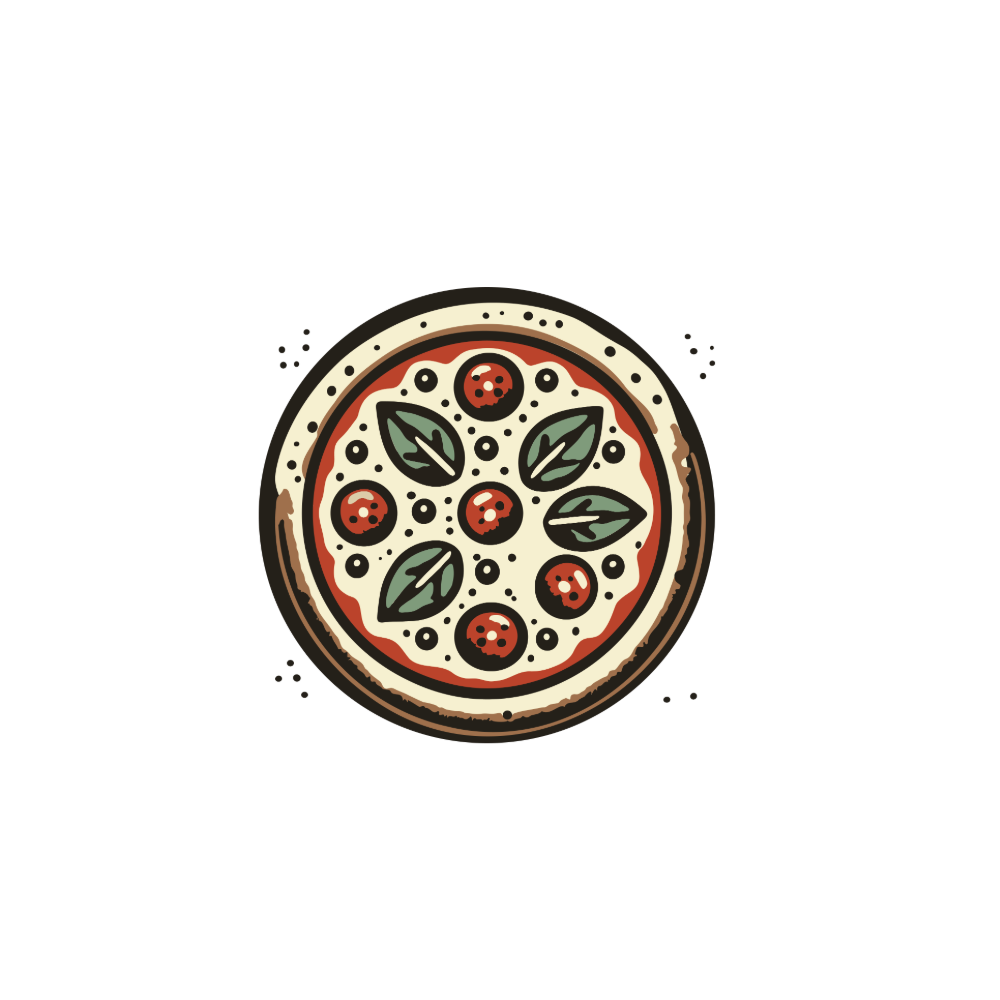 A cartoon illustration of a pizza topped with cherry tomatoes and basil leaves.