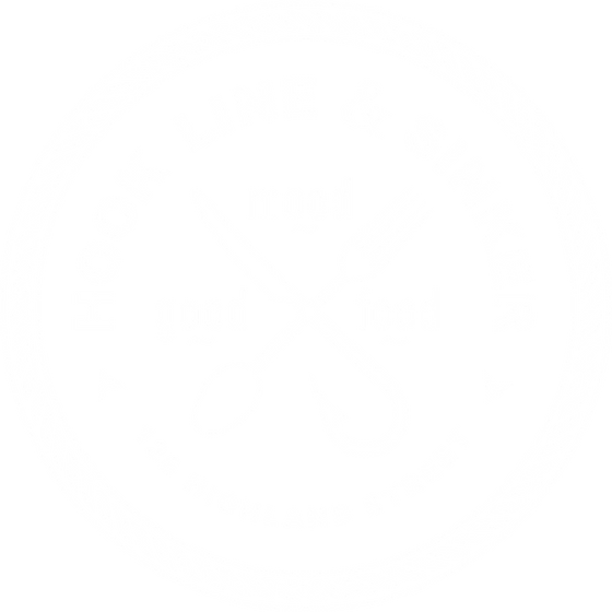 A circular logo with a border resembling a twisted rope. Inside, the text reads "Hook Line & Sinker" at the top and "122 Highland Street" at the bottom. In the center, there are a spoon and a fork crossed, with the words "good" and "food" near the fork, and "mood" near the spoon.