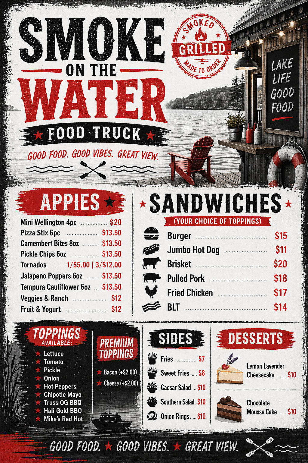 A menu for a smoke on water food truck features grilled smoked food and a lakeside view, with sections for appetizers, sandwiches, sides, and desserts, and an outdoor seating area by the water.