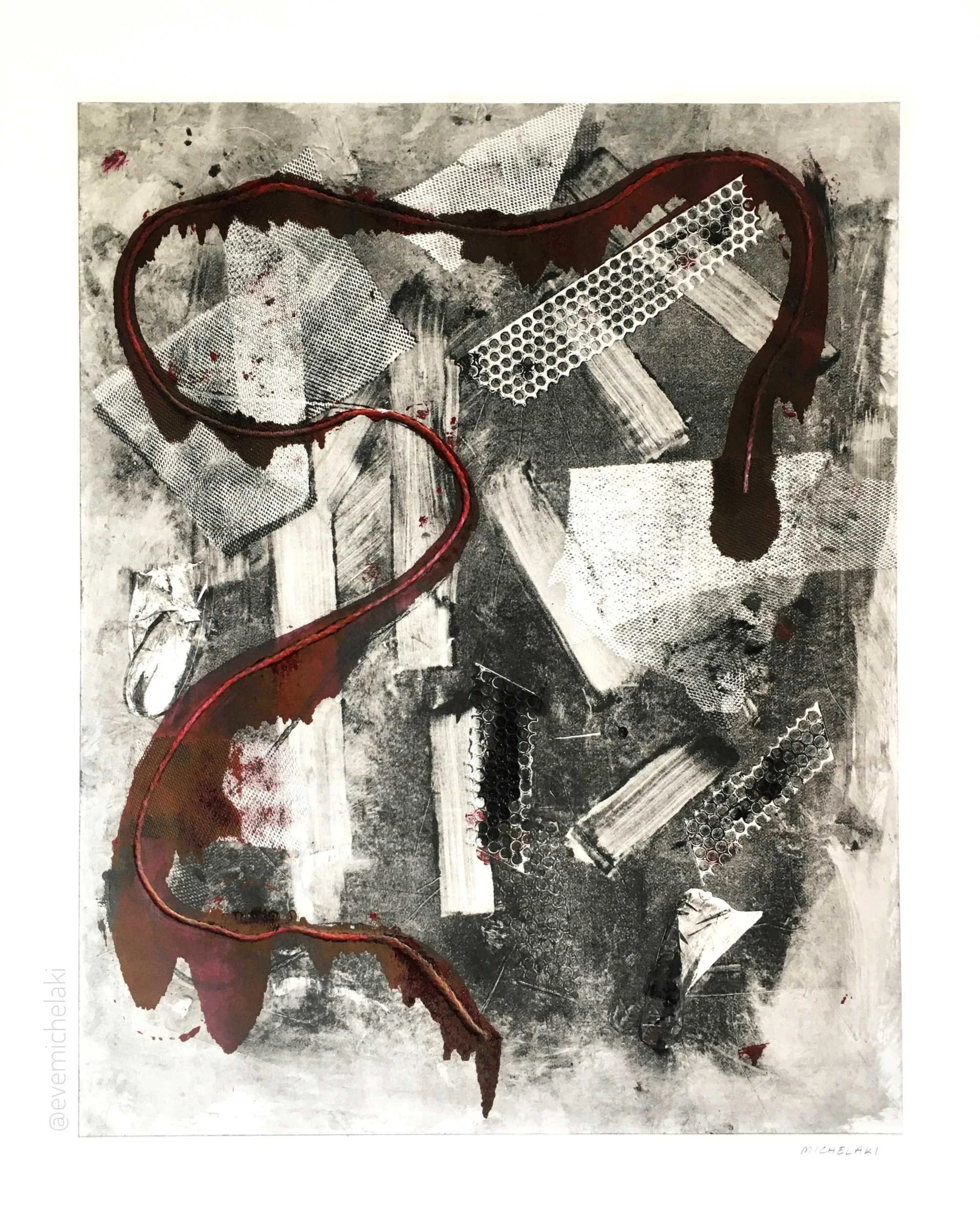 abstract monotype composition with black and white element and a dark red fluid line