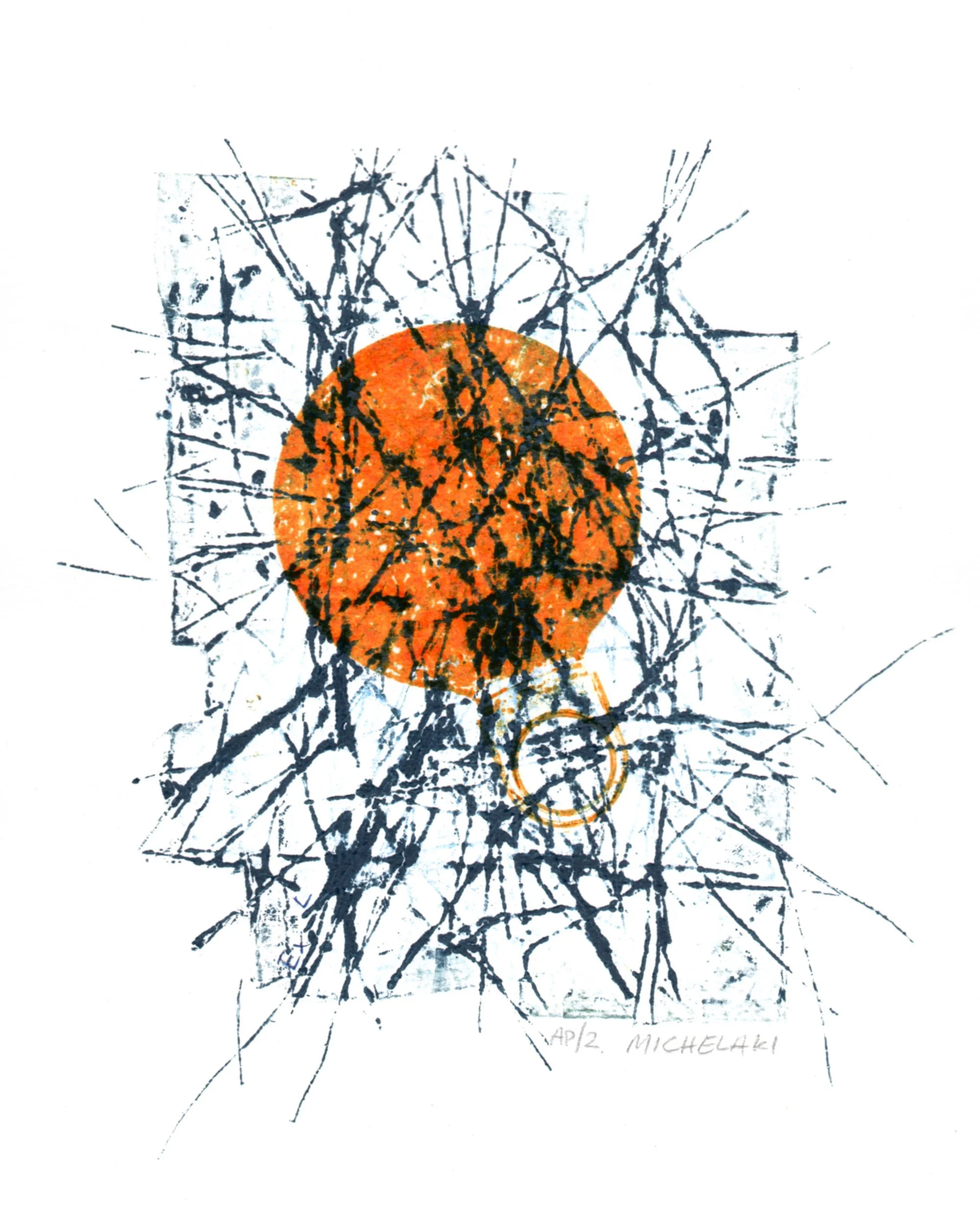 abstract collagraph print of an orange disk and dark blue chaotic lines