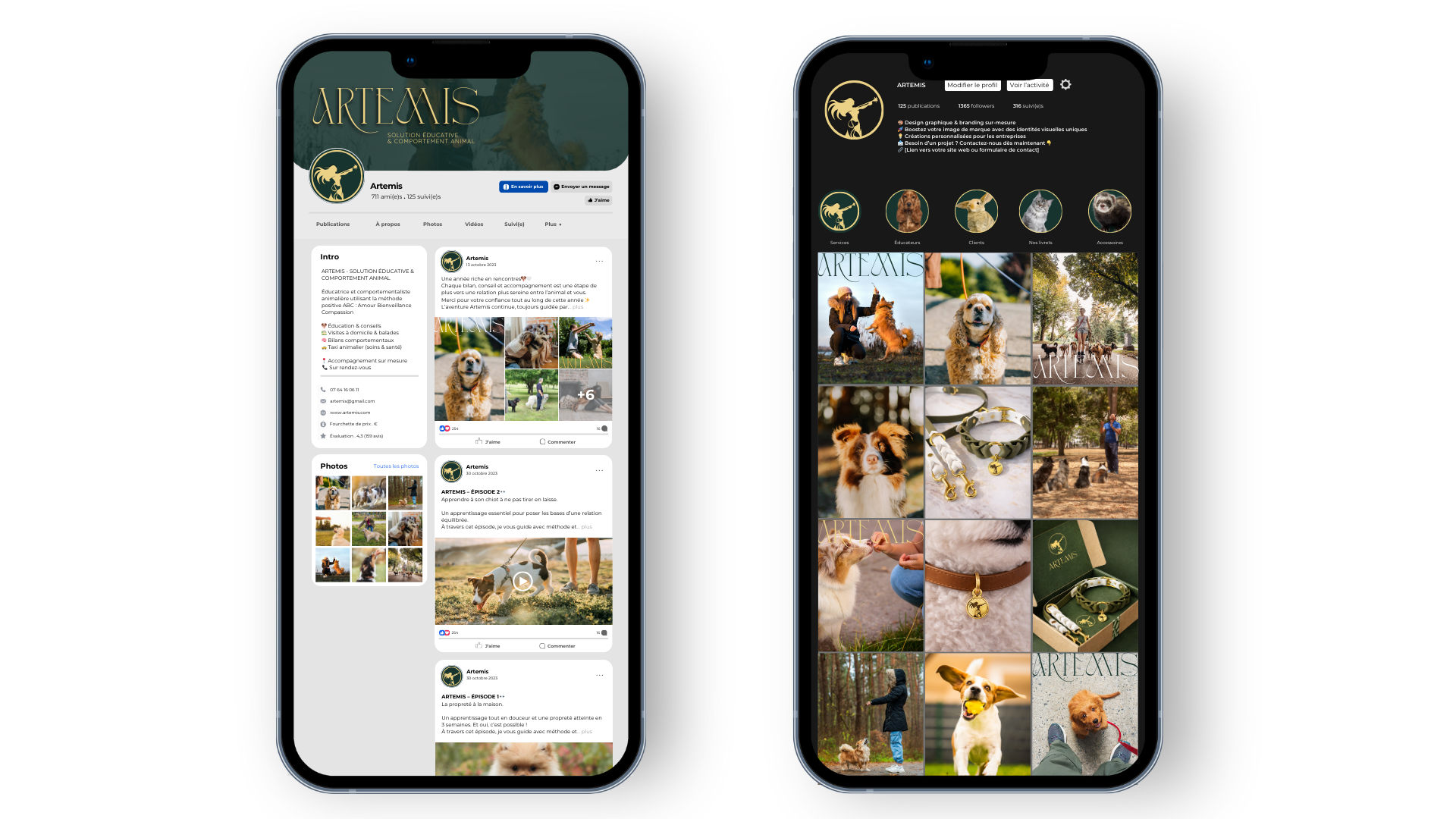 Deux téléphones affichant des pages Facebook et Instagram liées à une marque d'accessoires pour animaux, avec des images de chiens, de colliers, de bracelets, et de personnes avec leurs animaux.