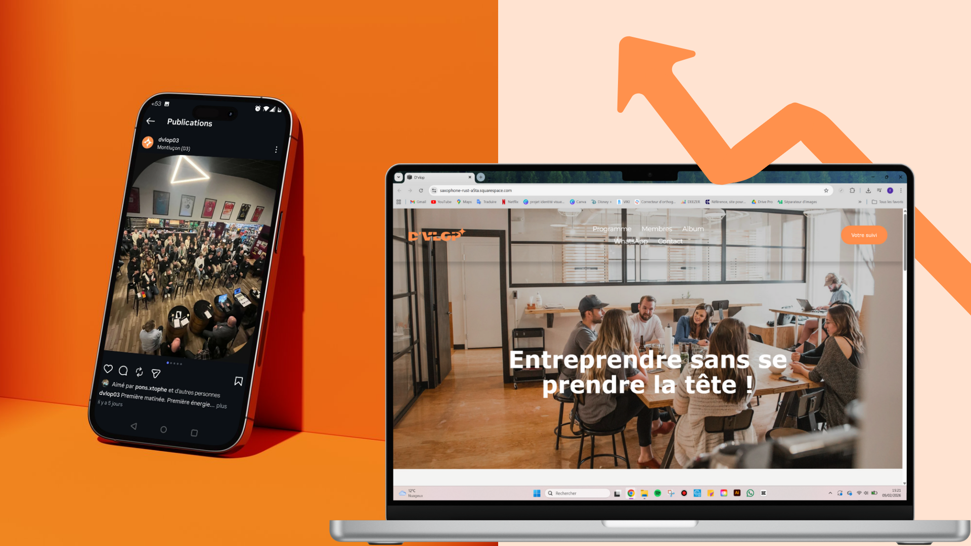 Un téléphone avec une publication Instagram d'une foule dans une salle d'événement, à côté d'un ordinateur portable affichant un site web d'un espace de coworking avec des personnes en réunion, fond orange.