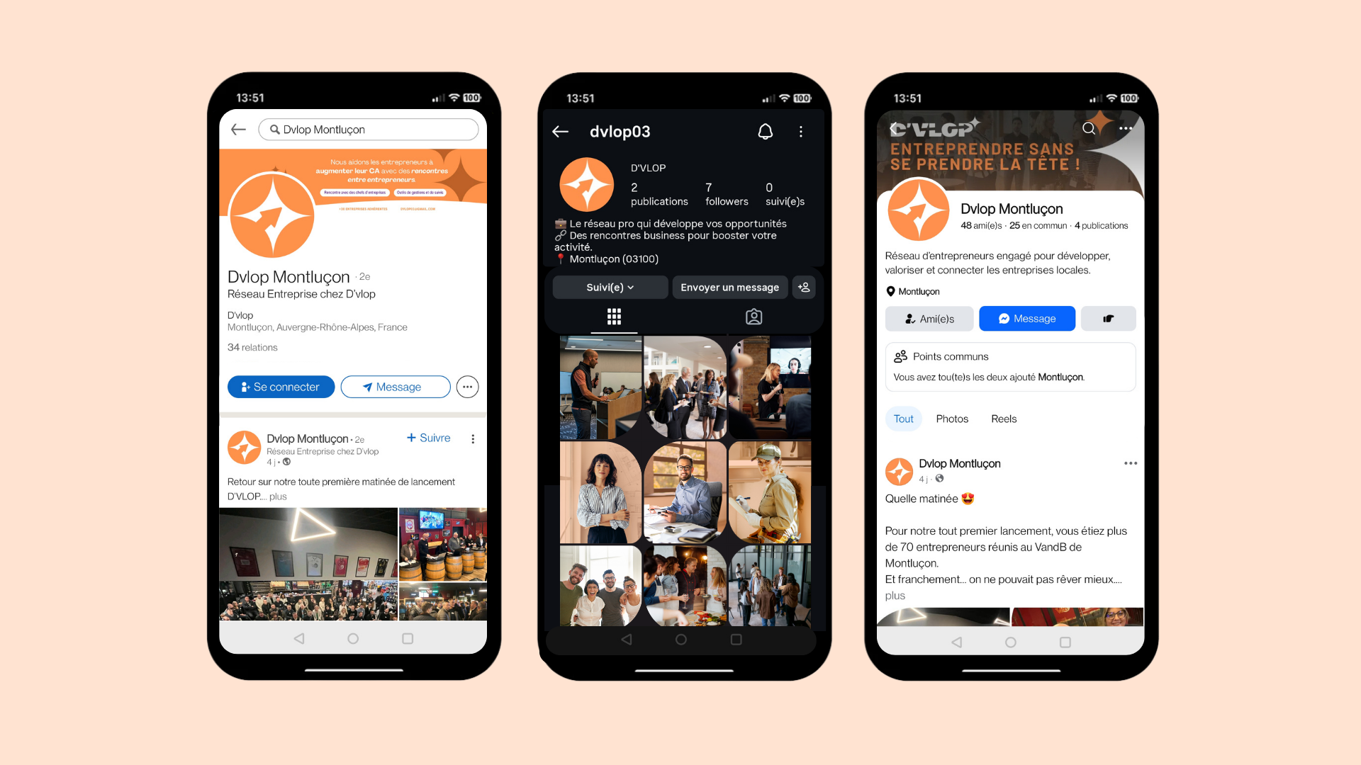 Trois écrans de téléphone montrant le profil d'un réseau professionnel d'entrepreneurs, avec le logo orange et blanc, des photos d'événements et des messages en français.