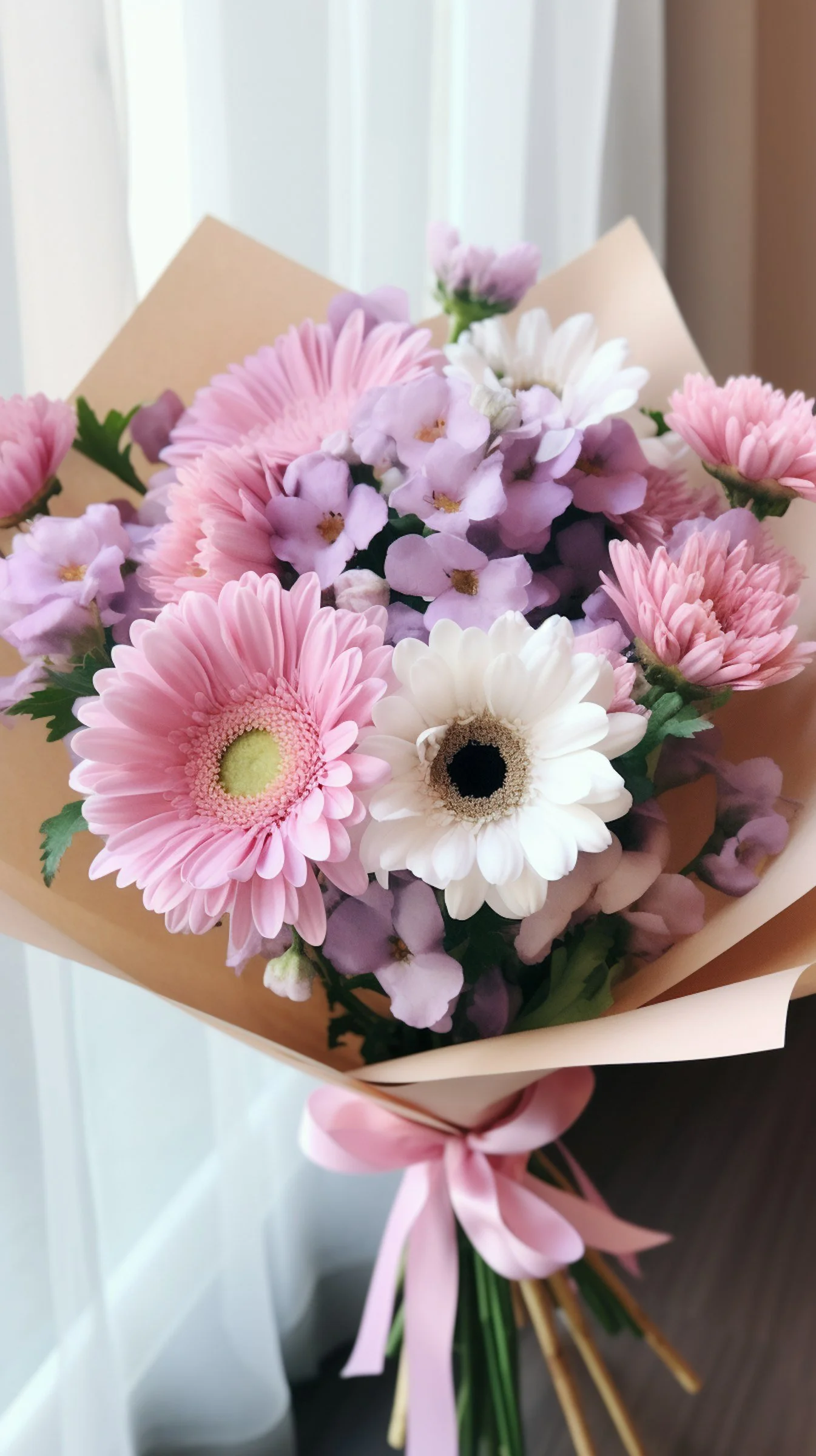 Bouquet de fleurs pastel avec des pivoines, des gerberas et des marguerites, enveloppé de papier beige avec un ruban rose.