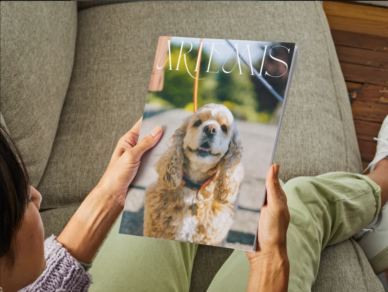Personne tenant un magazine intitulé 'ARTEMIS' avec une photo d'un chien à la couverture, assise sur un canapé beige.