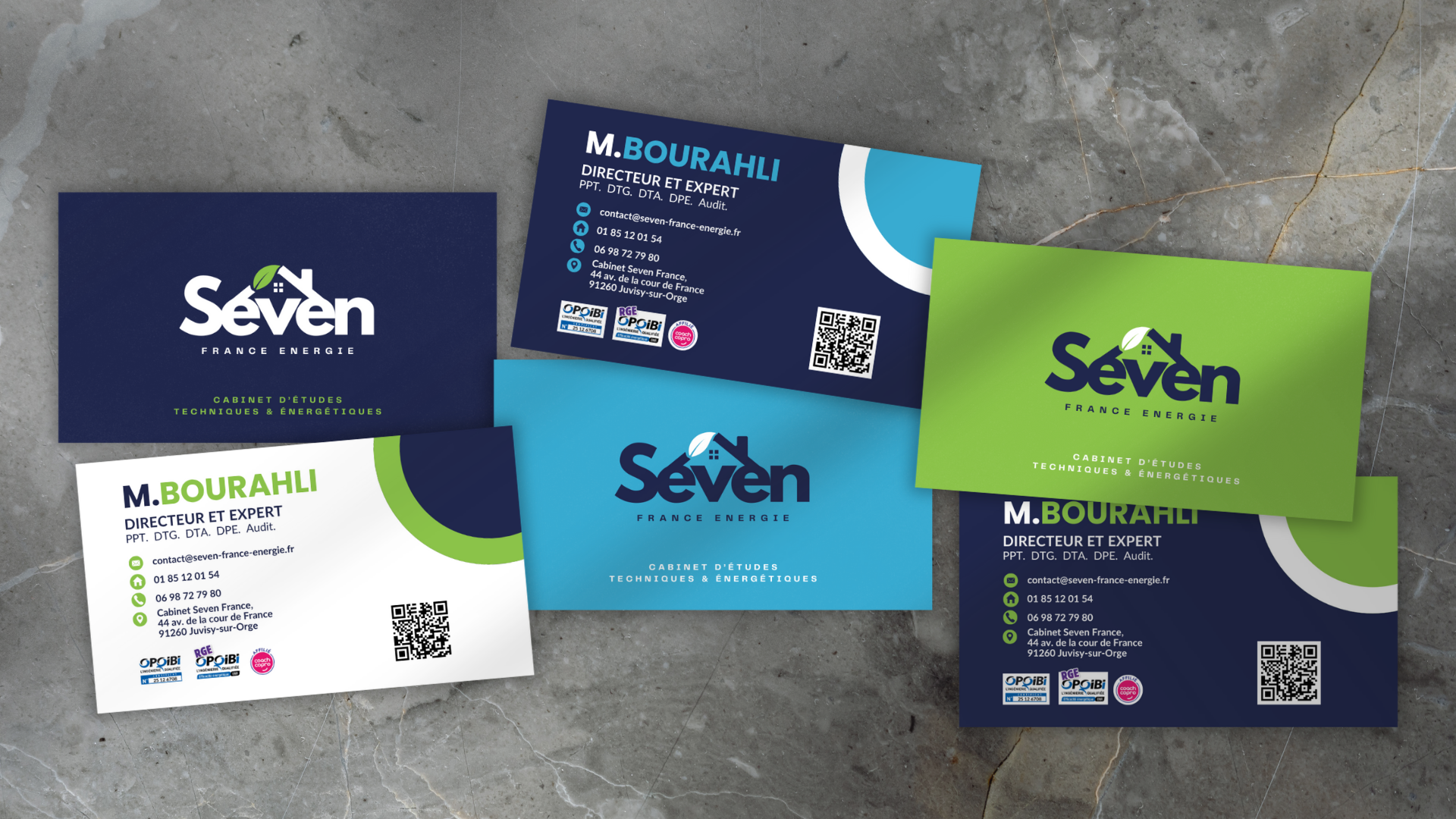Cartes de visite de l'entreprise Seven Énergie France, avec différentes couleurs et designs, comportant le logo, les coordonnées et des informations professionnelles.