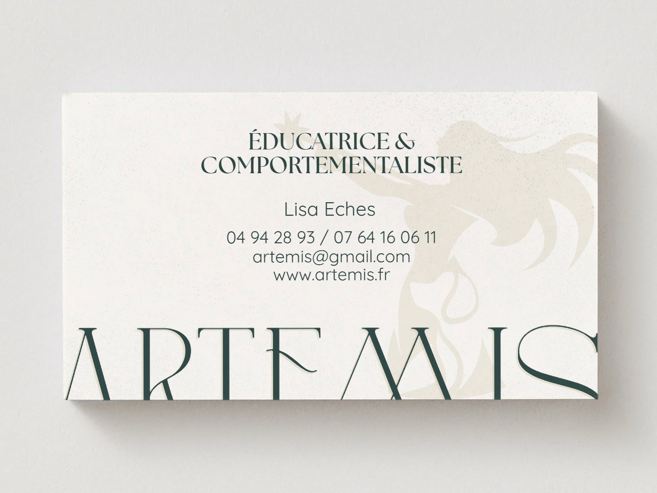 Carte de visite avec le nom Lisa Eches, ses contacts, et un logo artistique en arrière-plan, pour une éducatrice et comportementaliste.