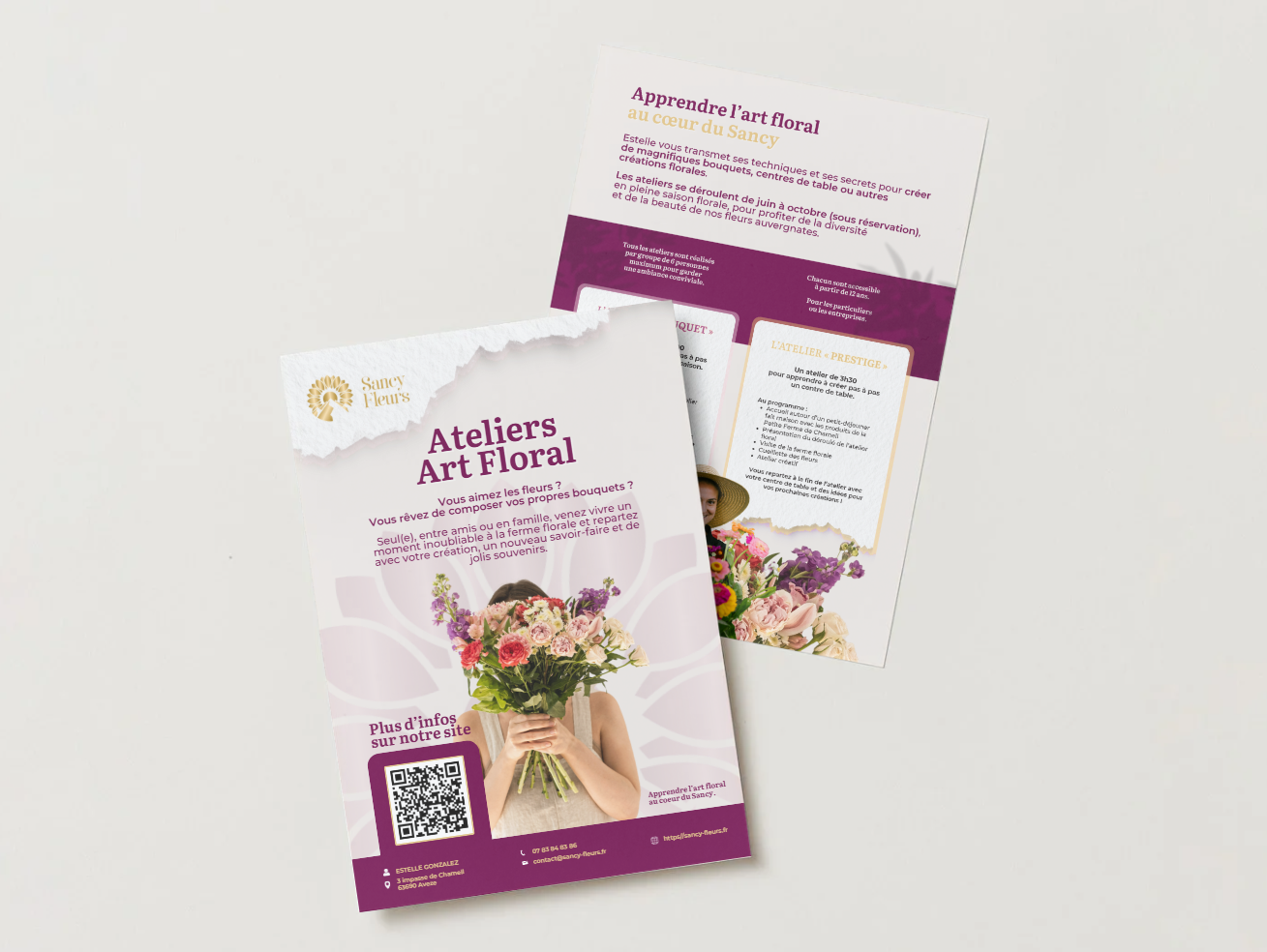 Flyer promotionnel pour des ateliers d'art floral, avec une image d'une personne tenant un bouquet de fleurs, informations de contact et code QR.