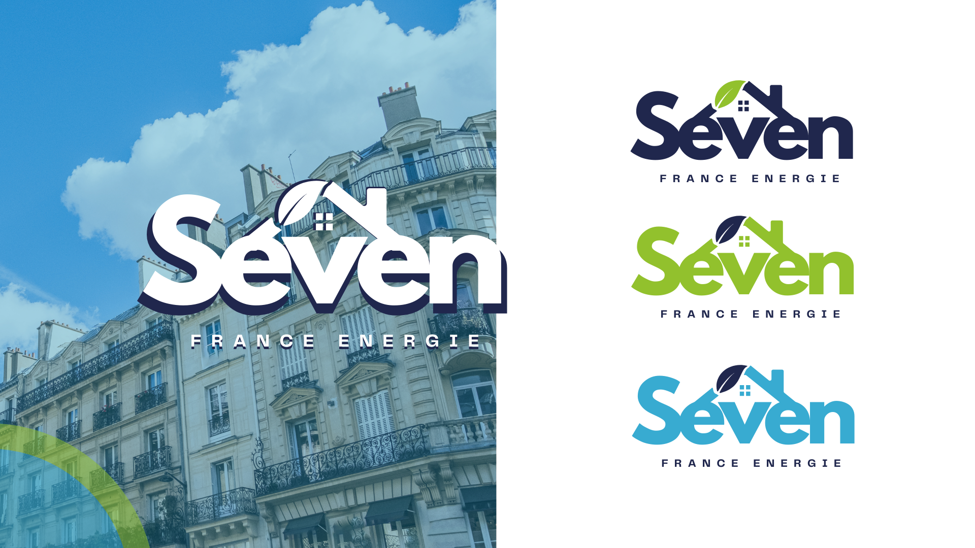 Logo de la société Seven France énergie avec trois variations de couleurs (bleu, vert, cyan) sur fond blanc, représentant une maison avec une feuille comme partie du toit, à côté d'un immeuble parisien traditionnel.