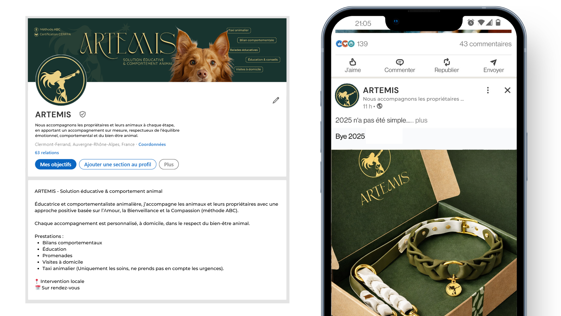 Page Facebook d'ARTEMIS, une solution éducative pour le comportement animal, avec un logo représentant un chien et une femme, et une photo d'un collier en cuir dans une boîte. La capture d'écran montre également un post avec la phrase 'Bye 2025'.
