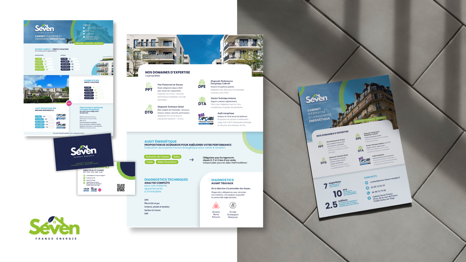 Faisceaux de brochures publicitaires pour une société appelée Seven France Énergie, spécialisée en expertise et ingénierie énergétique, avec des images de bâtiments et des graphiques de performance énergétique.