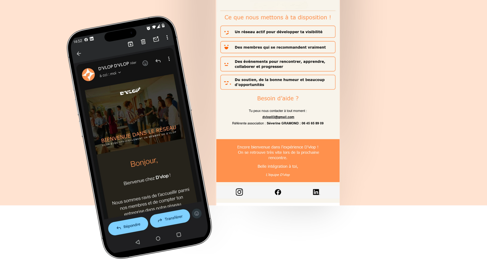 Capture d'écran montrant un téléphone affichant une page de réseau social avec un groupe de personnes dans une salle. À côté, il y a une fiche d'information avec du texte en français, des icônes de réseaux sociaux en bas, et un fond rose clair.