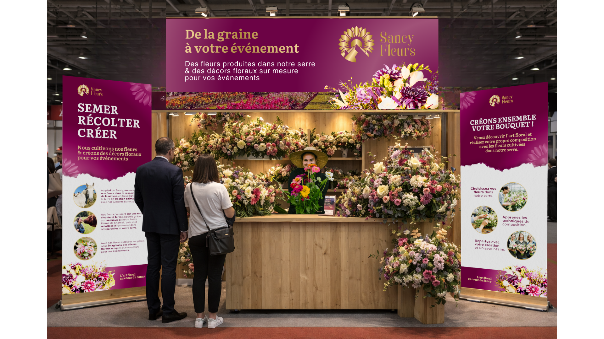 Kiosque de fleurs avec panneaux d'information en français, décoration florale colorée, et trois personnes en conversation, dans une foire ou salon