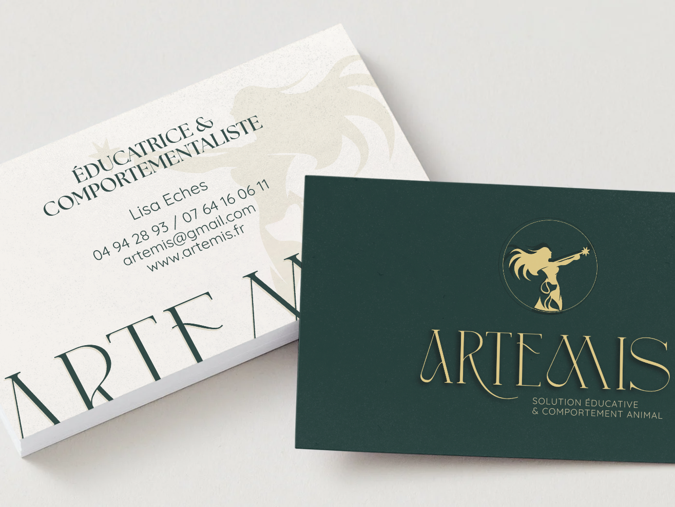 Cartes de visite pour une éducatrice et comportementaliste animale. L'une montre le nom, le contact, et un site web, l'autre affiche un logo d'une femme avec une étoile, et le nom 'ARTEMIS' avec la mention 'Solution éducative & comportement animal'.