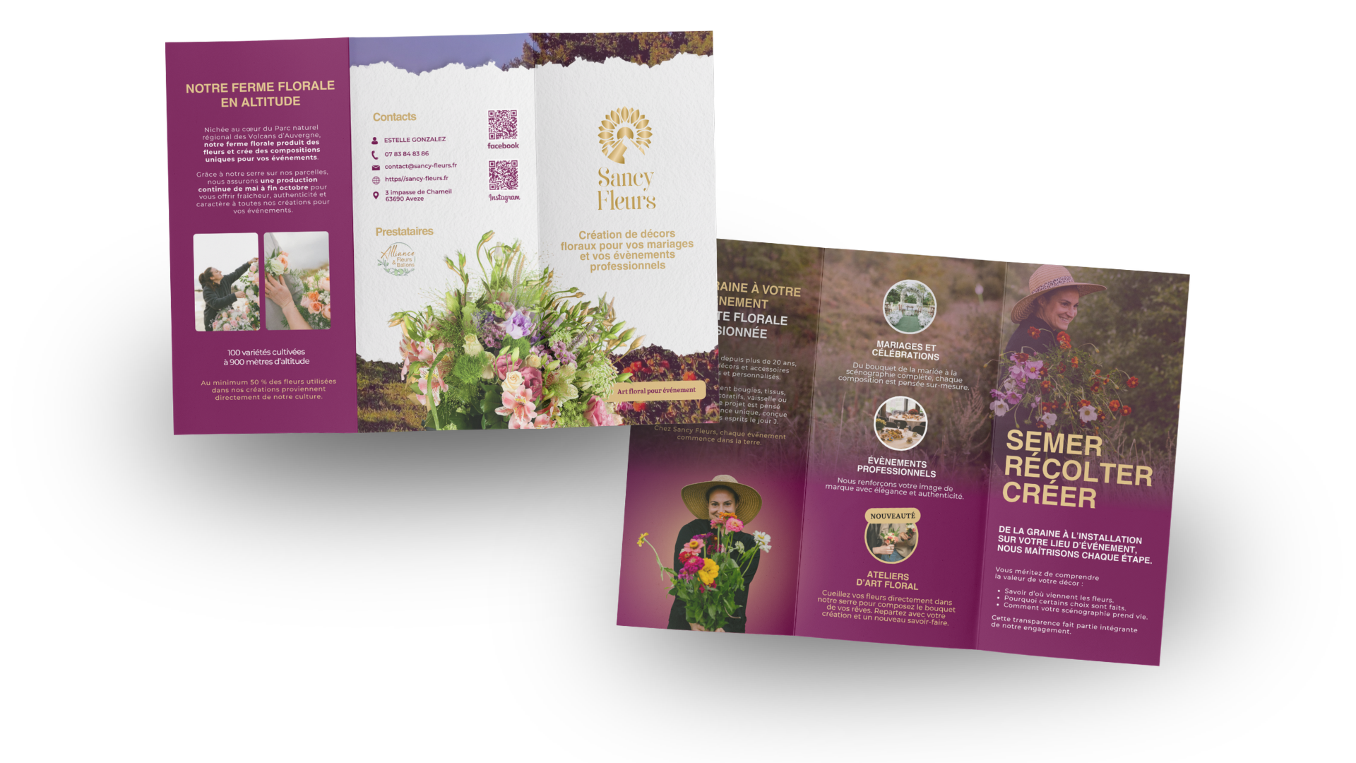 Flyer promotionnel pour Sancy Fleurs, spécialisé en décoration florale pour mariages et événements professionnels, avec des images de bouquets de fleurs, une femme portant un chapeau avec des fleurs, et un fond violet et blanc.