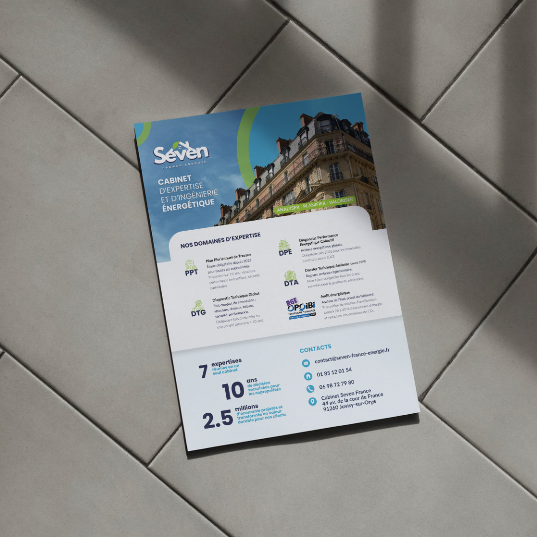 Flyer promotionnel de l'entreprise Seven, spécialisée en expertise et ingénierie énergétique, avec informations sur leurs domaines d'activité, chiffres clés, et coordonnées.