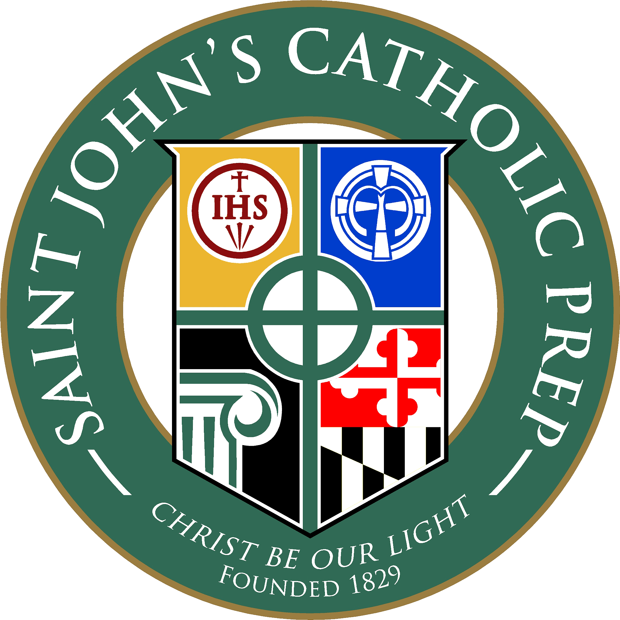 Seal of Saint John the Baptist Catholic Parish with a green circular border; inner shield divided into four quadrants with religious symbols and colors; words 'Saint John’s Catholic Parish' and 'Christ Be Our Light', founded 1829.