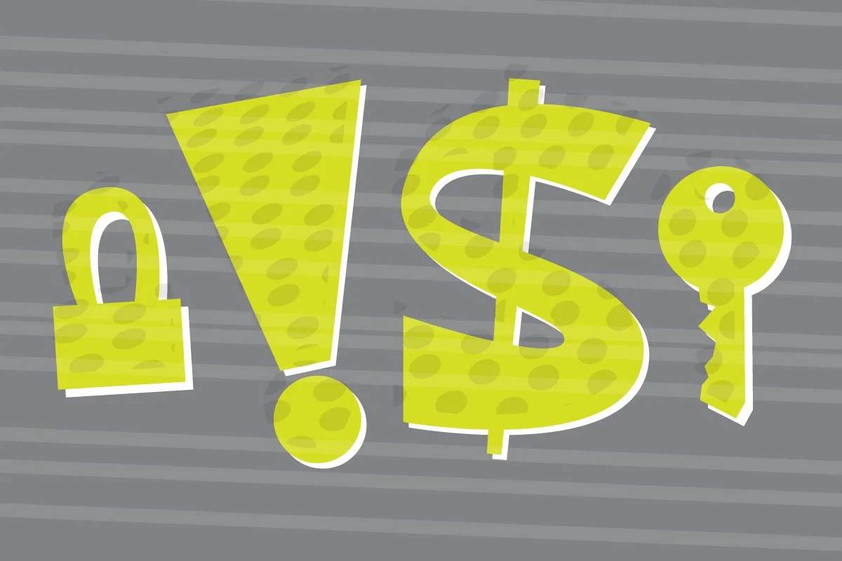 Padlock, exclamation point, dollar sign, key