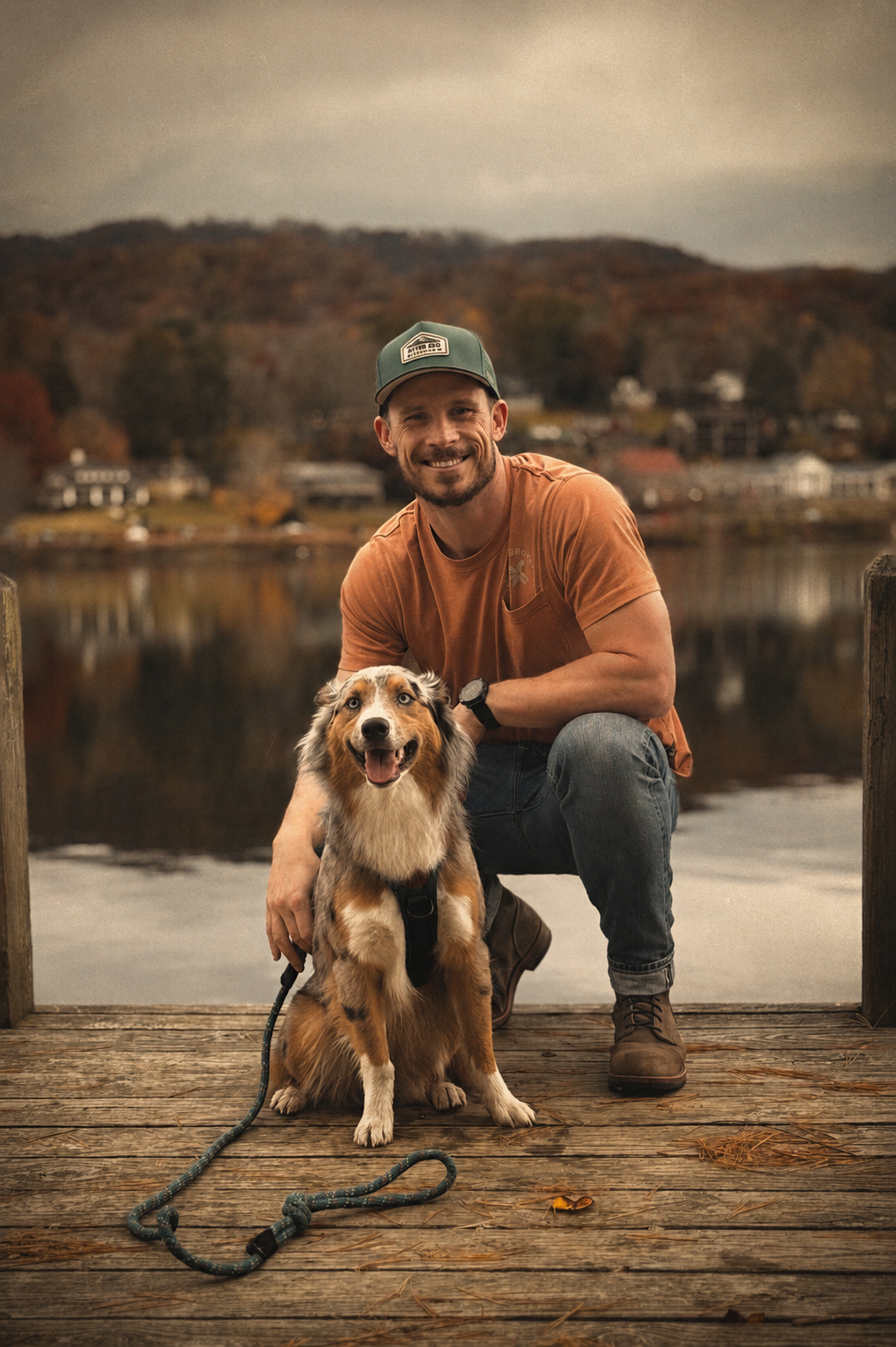 A smiling man wearing a green cap, orange t-shirt, jeans, and brown boots kneeling next to a happy Australian Shepherd dog on a wooden dock beside a calm lake during autumn.