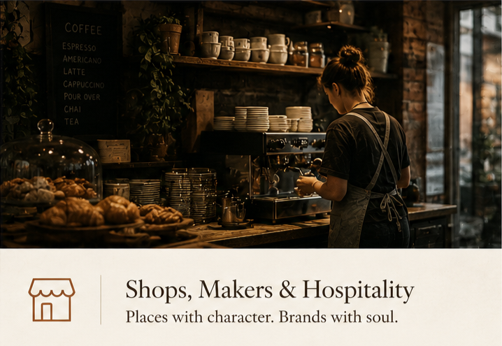 A barista prepares coffee behind the counter in a cozy coffee shop with warm lighting and shelves filled with cups and dishes.