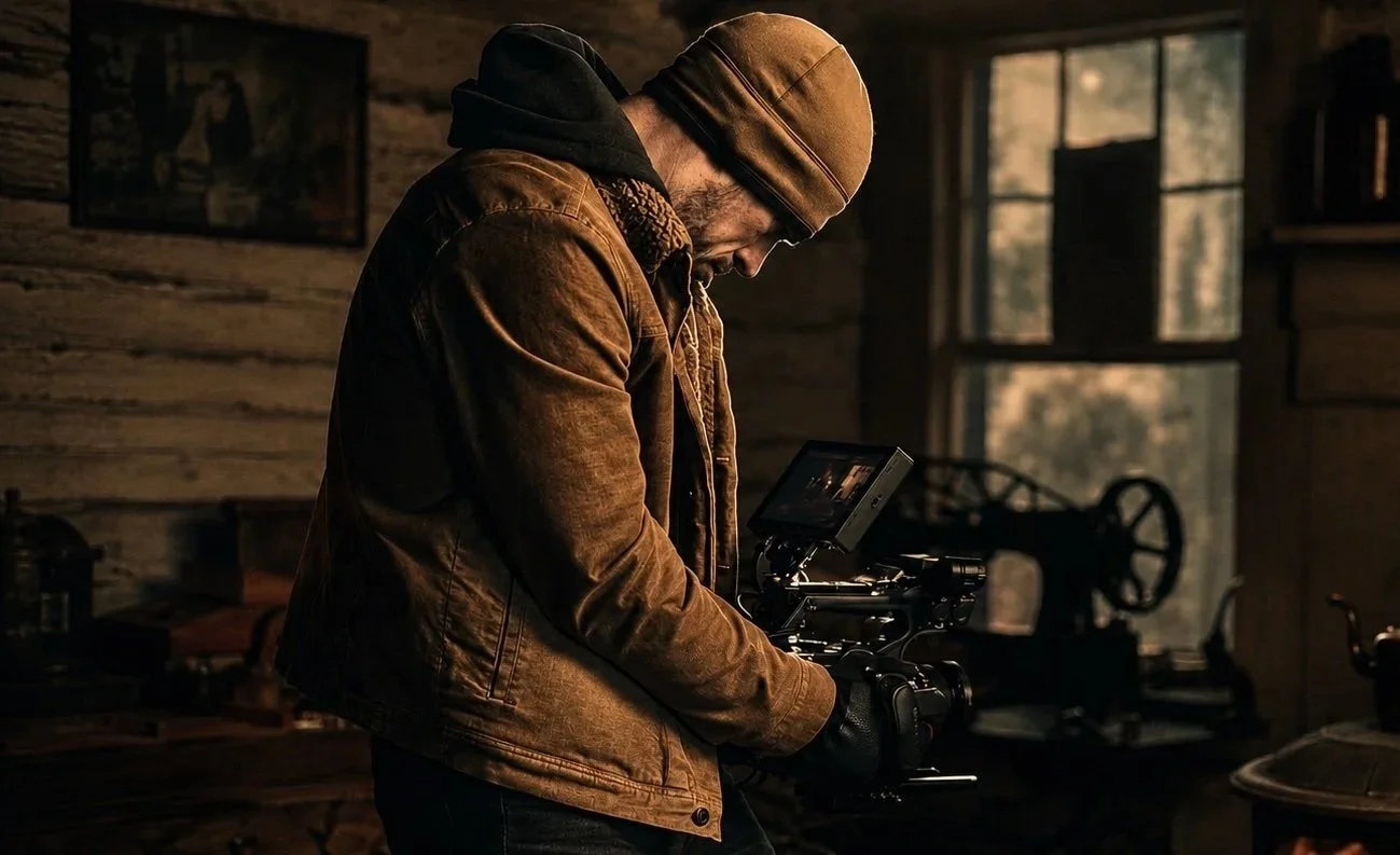 A man wearing a brown jacket and a brown beanie is operating a professional video camera inside a rustic wooden cabin with a large window in the background.