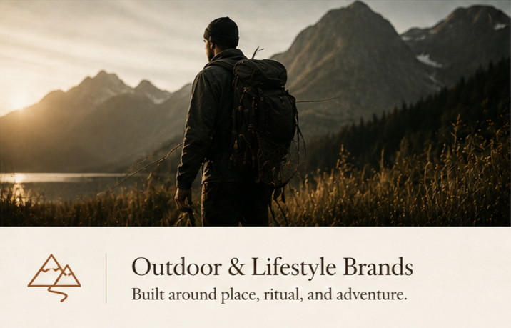 A hiker with a backpack standing in a mountain landscape during sunset or sunrise.