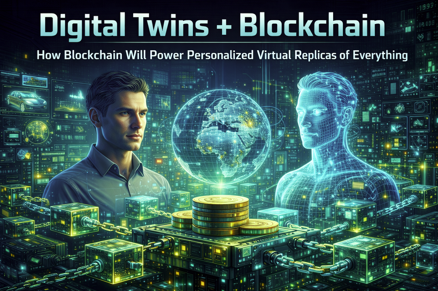 Futuristic digital artwork of a human and their holographic digital twin connected by blockchain nodes, with data networks and global virtualization interfaces in the background