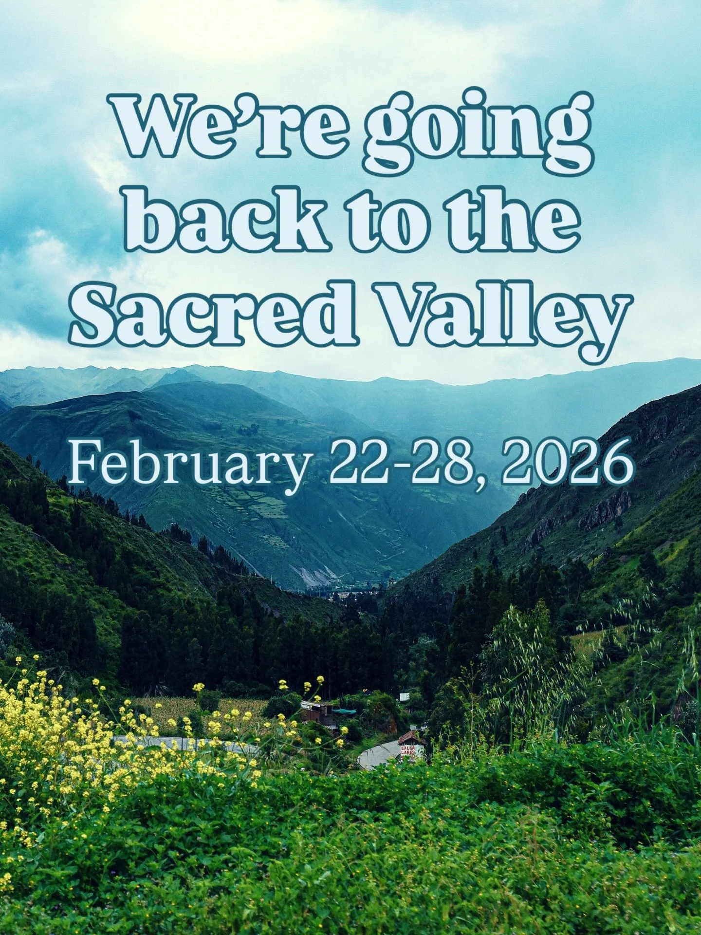 Take a week to breathe again.

We&rsquo;re heading back to the Sacred Valley this February for slow mornings, warm air, movement, amazing meals, and space for ourselves.

Expect:
Morning &amp; Evening yoga
Horseback rides and big sky
Market days
Mach
