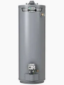 A tall, gray, cylindrical water heater with a digital display and control panel at the top.