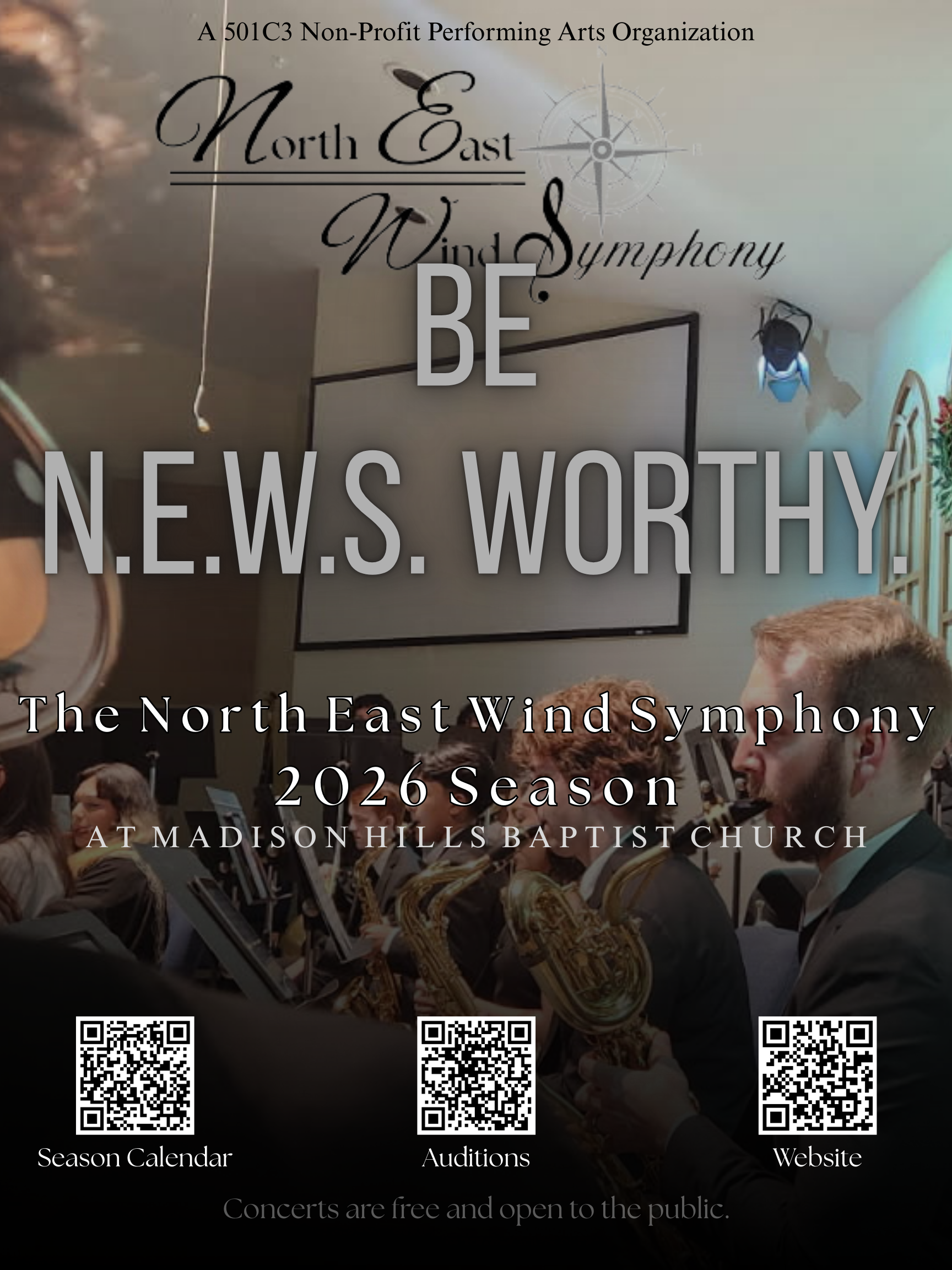 Concert poster for the North East Wind Symphony, a non-profit organization, promoting their 2026 season at Madison Hills Baptist Church. Features a photo of musicians playing wind instruments, with QR codes for the season calendar, auditions, and website.