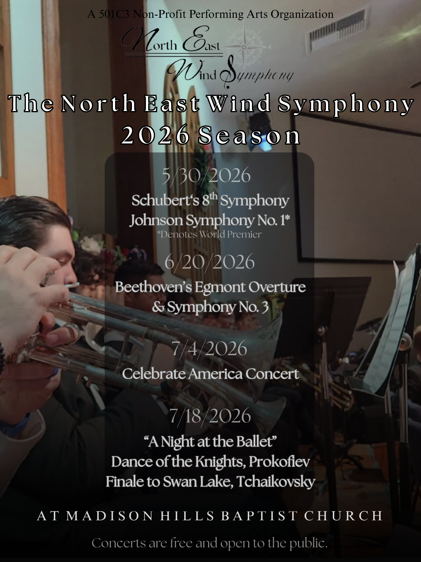 Poster for North East Wind Symphony 2026 season, featuring concert dates and programs at Madison Hills Baptist Church, with a background image of a person playing trumpet in an orchestra.