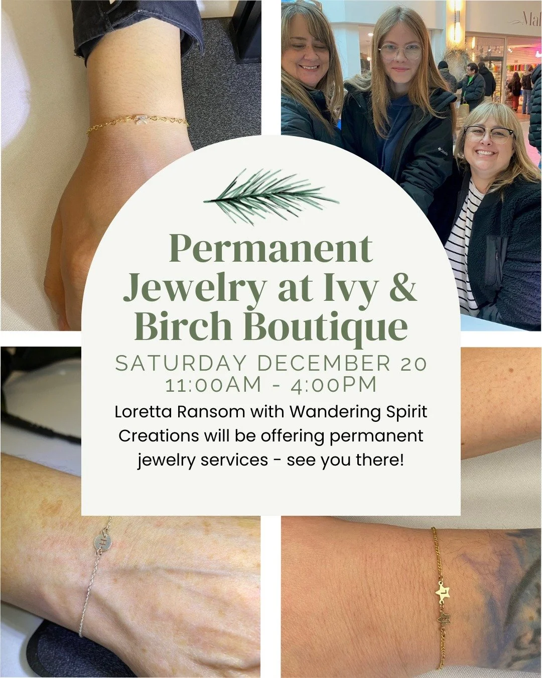 🌿✨ Exciting News! ✨

I&rsquo;ll be all set up at Ivy &amp; Birch Boutique this Saturday offering permanent jewelry &mdash; just in time for one last bit of sparkle before the holidays 💫

Choose from high-quality sterling silver and 14k gold-filled 