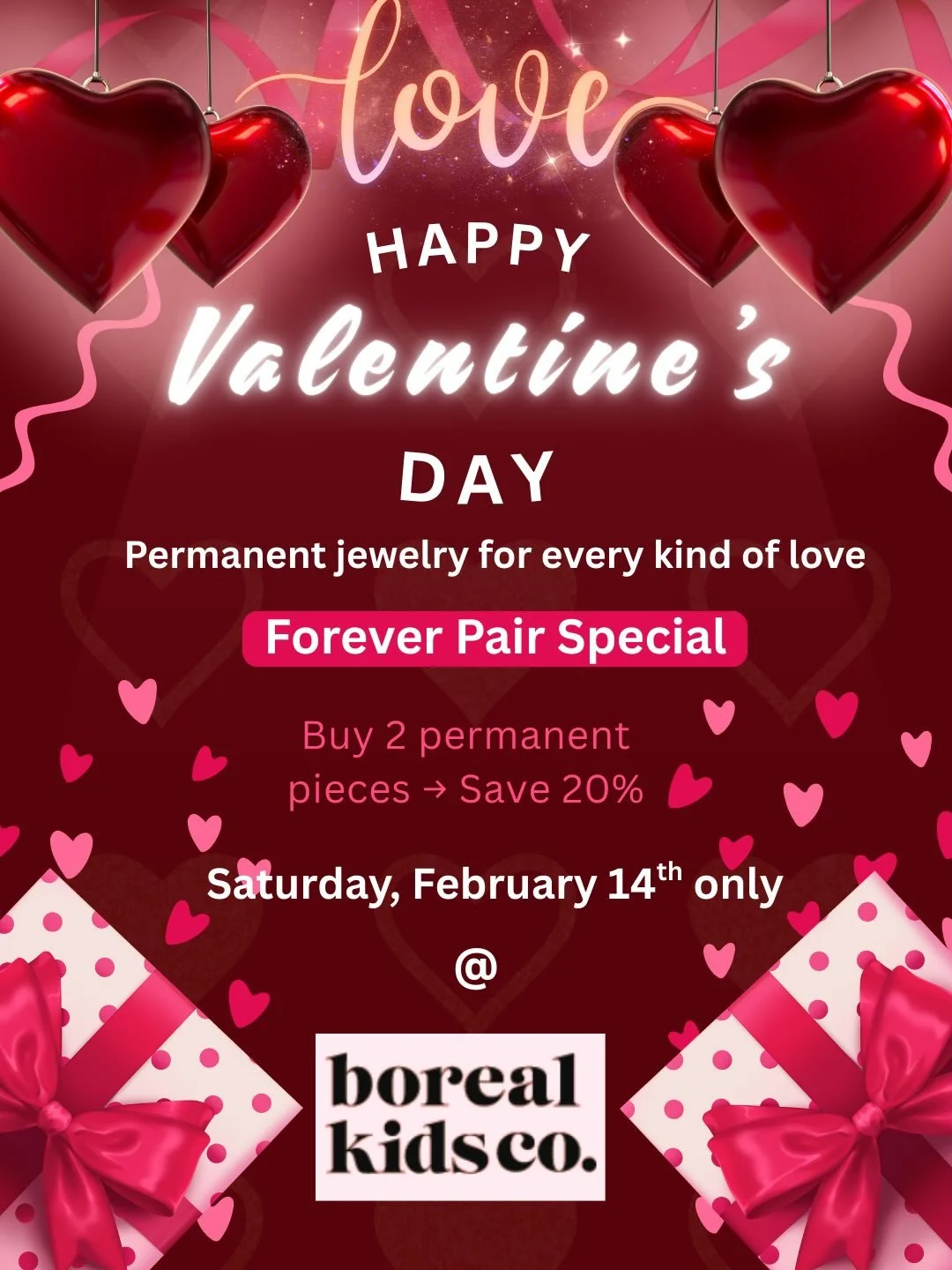 Permanent Jewelry for Every Kind of Love 💕

I&rsquo;m so excited for the opportunity to offer permanent jewelry this Saturday, February 14th, from 10:00am&ndash;6:00pm at Boreal Kids Co. in Yellowknife ✨

💫 Forever Pair Special
Buy 2 permanent piec