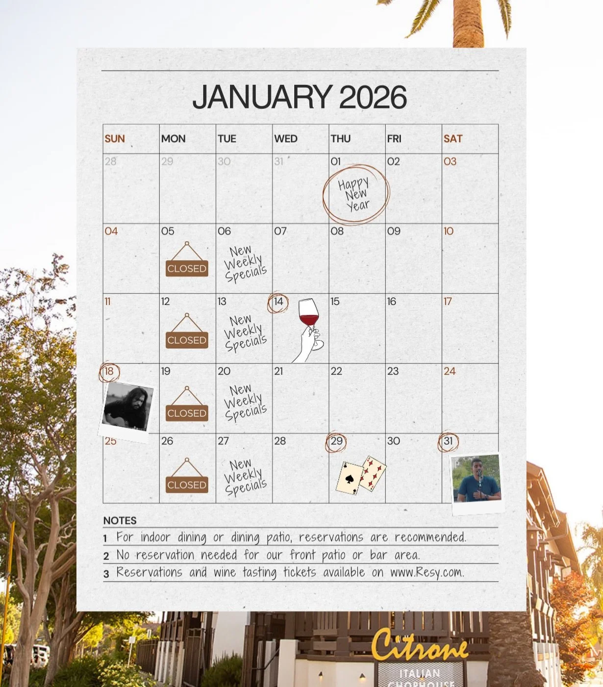 ✨ January at Citrone ✨
We&rsquo;re starting the year with great wine, live music, and a little magic. Join us for what&rsquo;s coming up:

🍷 Wednesday, January 14
Wine Tasting &bull; 5:30&ndash;8:30 PM
Tickets available on Resy

🎶 Sunday, January 1