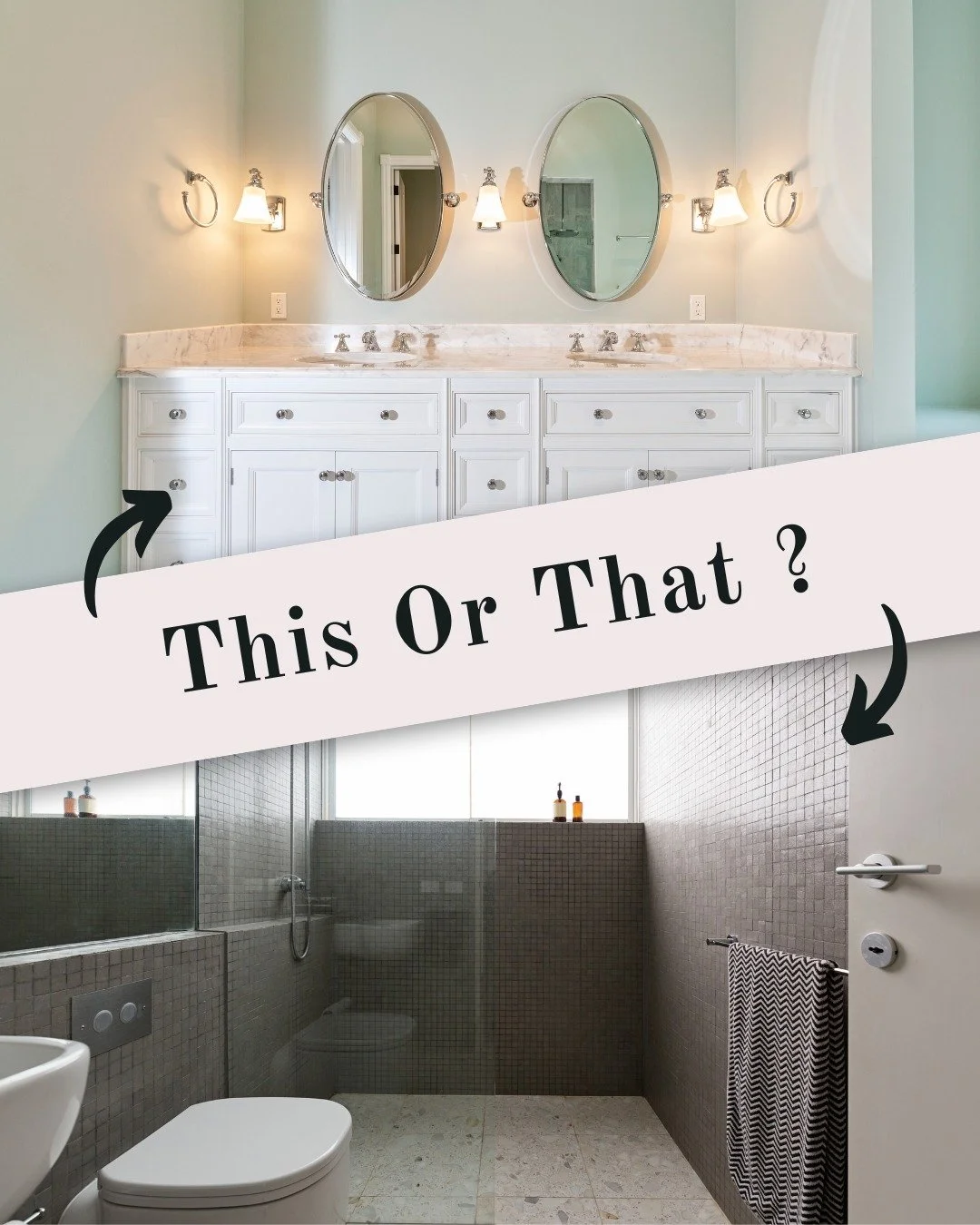 Need more space to spread out in the mornings?  Double Vanity 🚰 it is!  Prefer a luxurious shower experience? Large Walk-in Shower 🚿 all the way!  Which bathroom upgrade would you choose? Let's hear your reasoning in the comments! #SpaceSavers #Spa