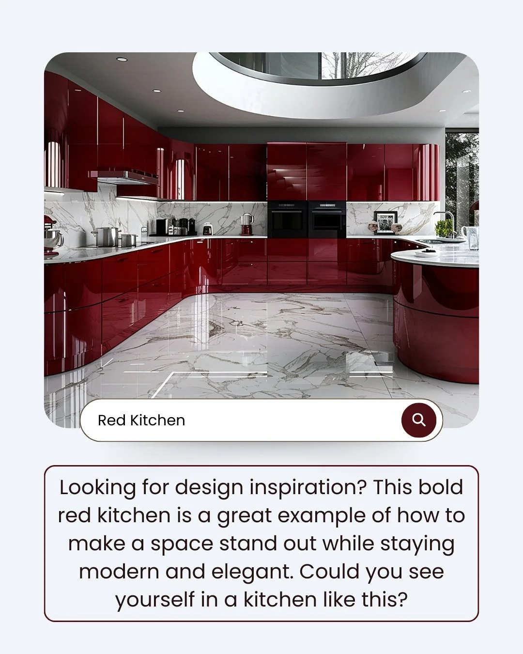This striking red kitchen is proof that design is meant to stand out! Sleek finishes, high-gloss cabinetry, and luxurious marble accents make this space a true showstopper. A perfect blend of drama and elegance.

Would you go bold with your kitchen