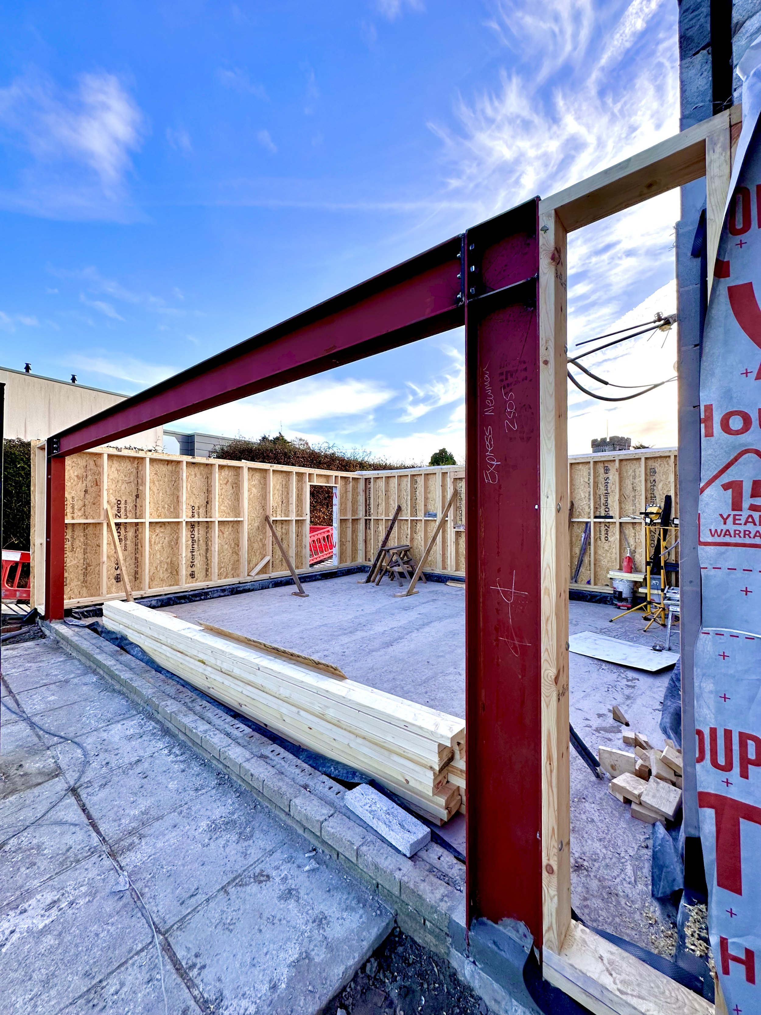 Timber frame is completed on the ground floor. This section will be the open plan kitchen/diner/living room with massive 6m wide bifold looking out to the open countryside. Waiting for the delivery of some equally massive 7m Easijoists now before the