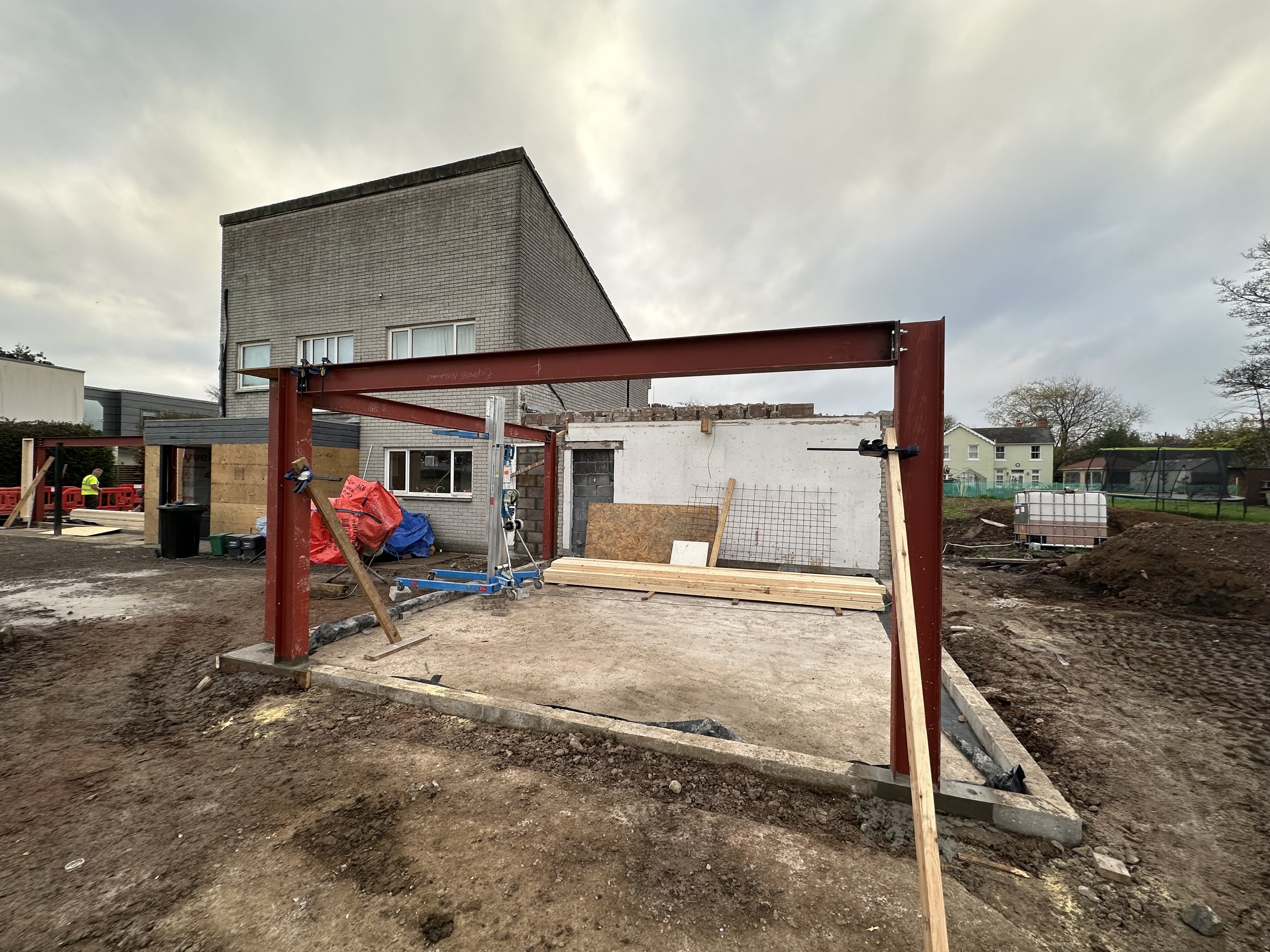 Steel frame for the bifold doors in the games room. This will give us the view out the rear of the house towards the Brecon Beacons.