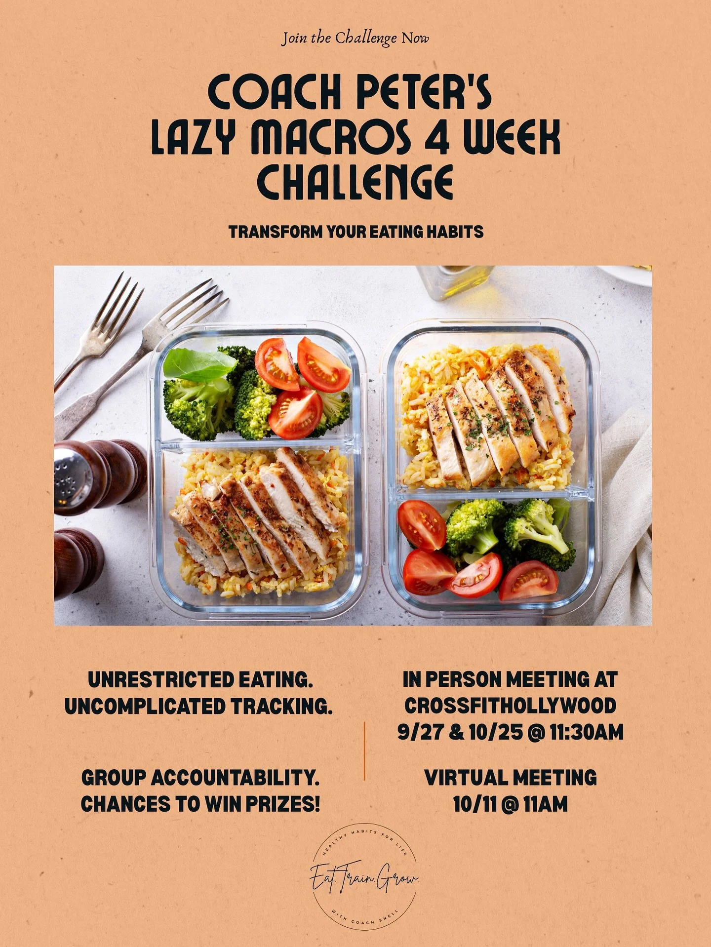 Coach Peter&rsquo;s 4 week Nutrition Challenge: 
Starting 9/27 through 10/25
Weeks 1-2 the 800g challenge
Weeks 3-4 Lazy Macros 

Sign up and learn more! Link in Bio