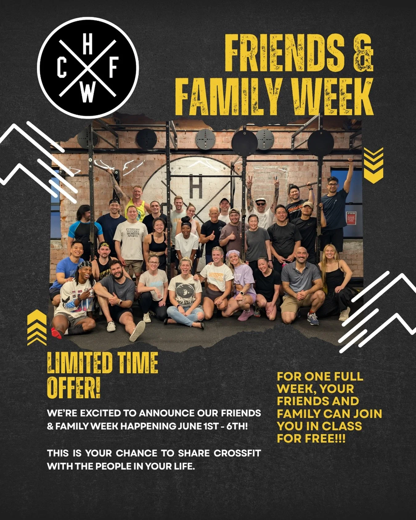 Friends &amp; Family Week is coming to CrossFit Hollywood!!! 👀 🔥 

June 1st - 6th, bring your friends, family, coworkers, or workout curious people in your life to experience the CFHW community for themselves. More info coming soon, for now start t