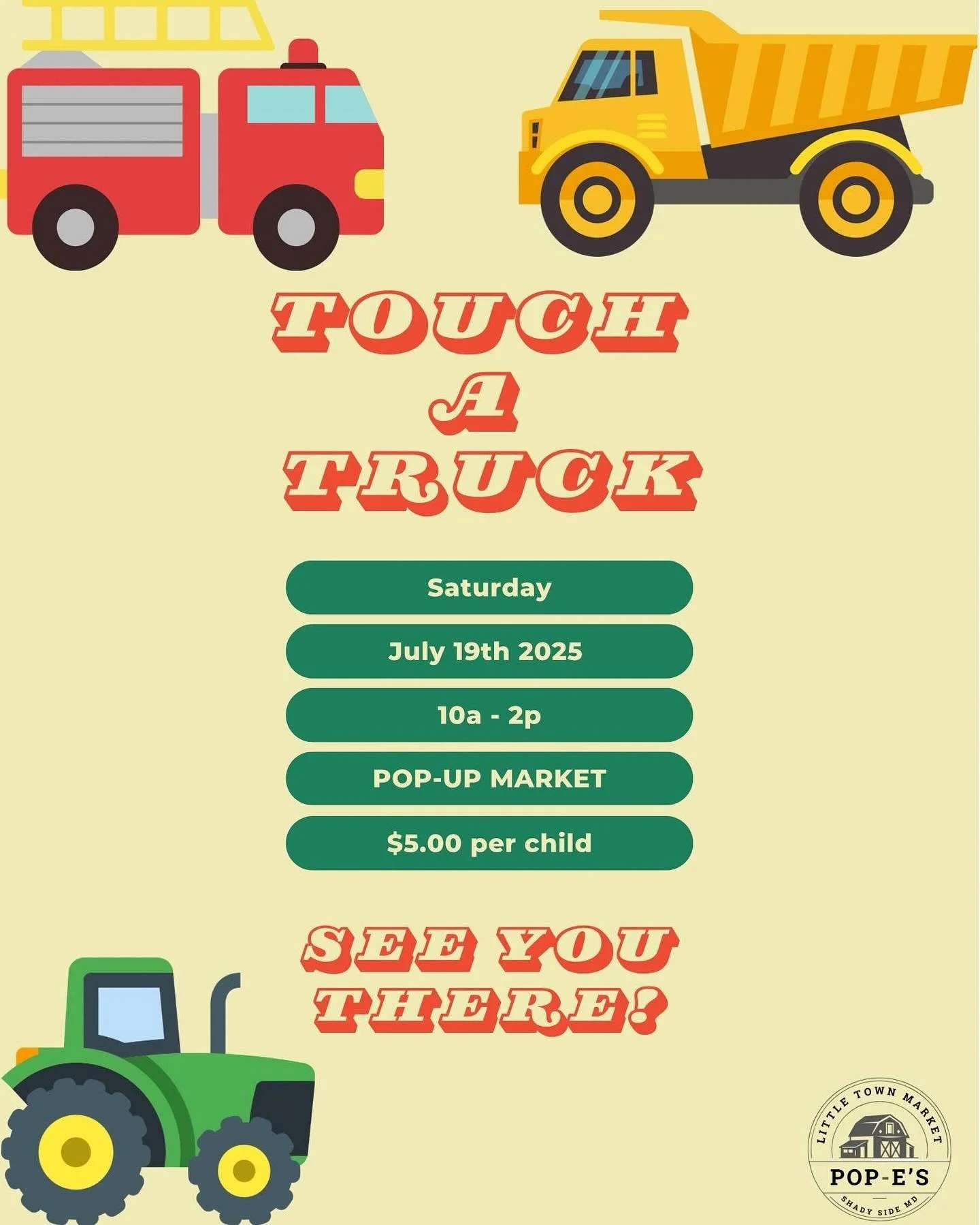 Come out to Pop E&rsquo;s Market Tomorrow for a Touch a truck with the kids and grab something from our COFFEE CART! 

Our Trailer will still be located at 5851 Deale Churchton and operating normal business hours.