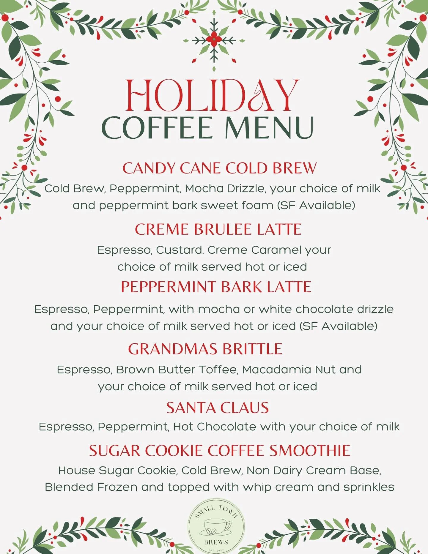 It's Time! 🎊 The Holiday Menus are here and they're bringing all the Small Town Cozy Vibes! Come warm up on this chilly day with your favorite hot drink from last year or try something new today! 🎄

#smalltownbrews #dealemd #keepingsococaffinated #