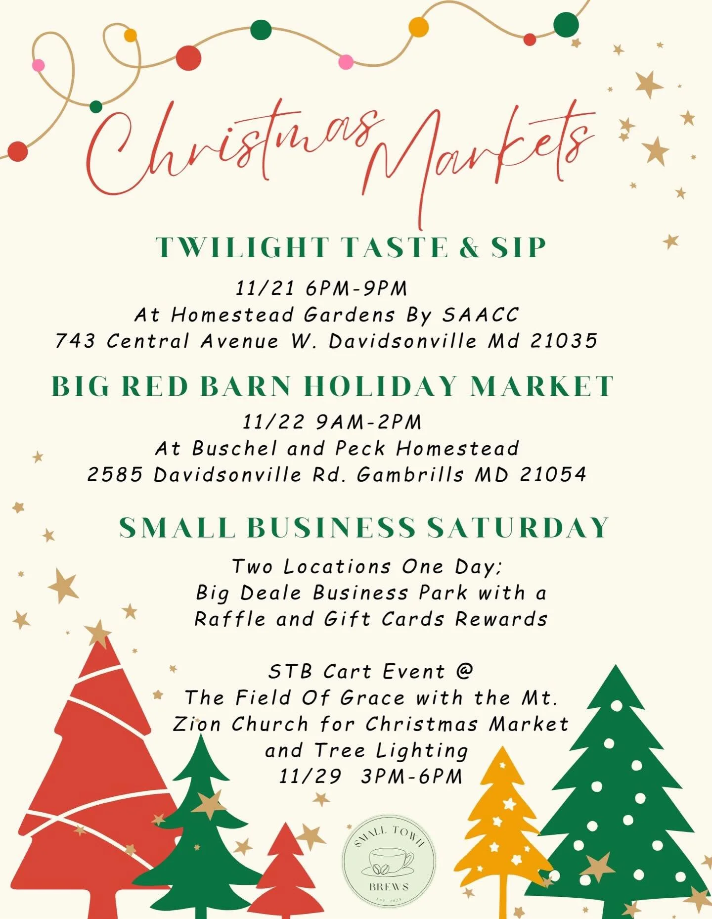 Our Coffee Cart has a busy few weeks ahead, with several events planned, and we hope you can join in on the fun these events will bring! ❤️☕️💚

#smalltownbrews #coffeecart #traveling #holidaymagic