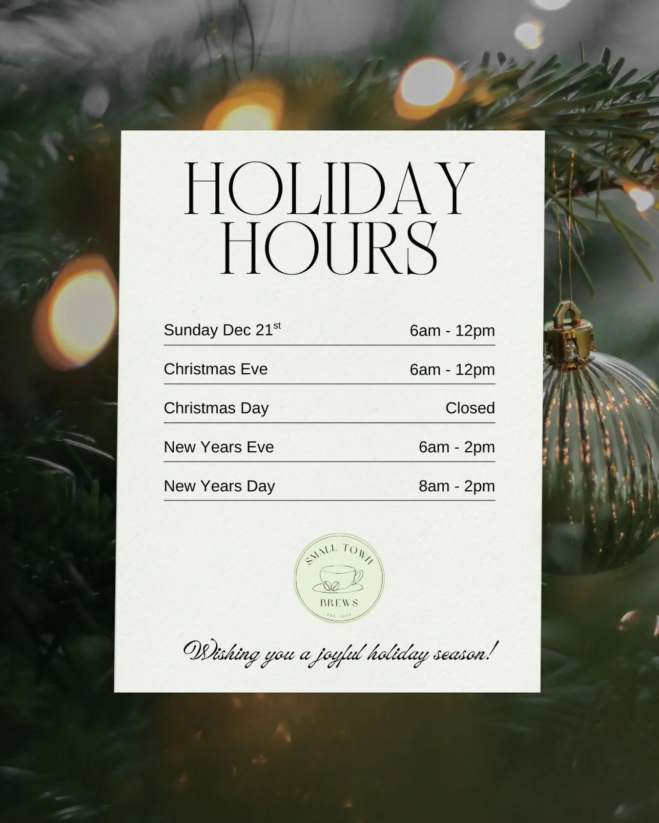 Our hours will change slightly over the next two weeks for the Holidays. This Sunday being the first schedule change, we will be closing at 12pm for a christmas party! 

Dont forget to grab all of our regulars, your loved ones  a small town brews gif