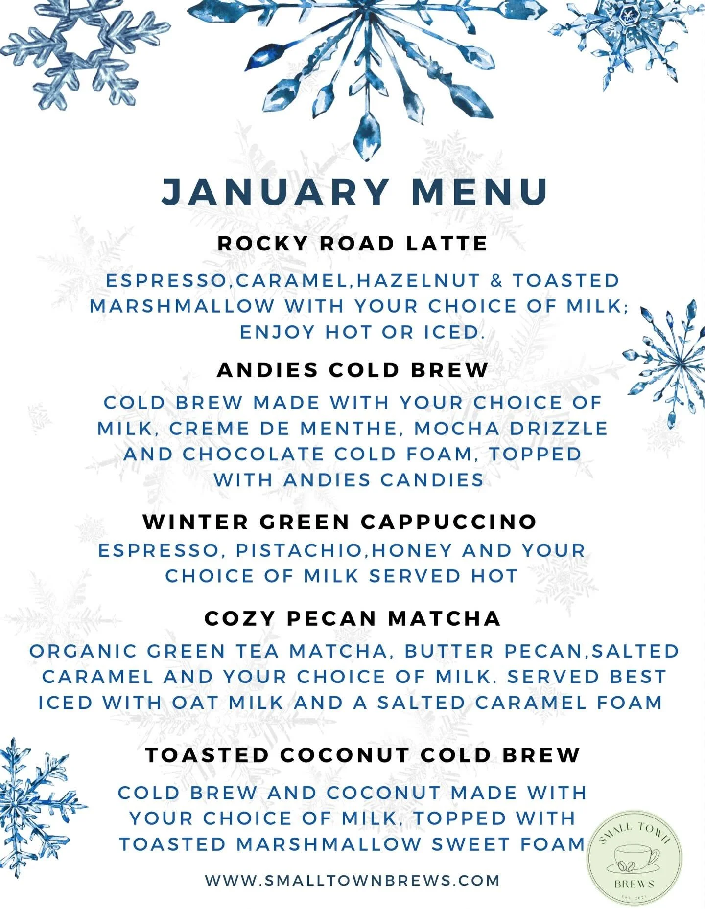 ❄️✨ MENU DROP MONDAY ✨❄️
It&rsquo;s the first Monday of the month, which means our January Menu is officially here!

From cozy sips like the Rocky Road Latte and Cozy Pecan Matcha to bold favorites like Andies Cold Brew and our winter energy lineup ❄