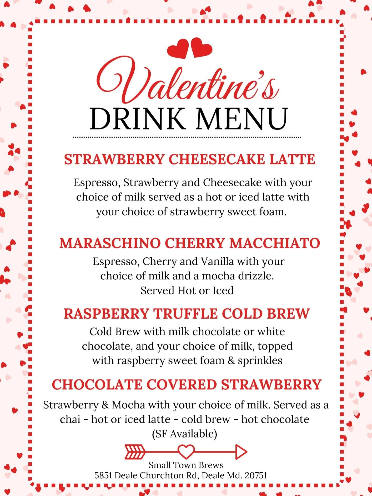 February is officially served 💕

Our Valentine&rsquo;s Drink Menu is here and it&rsquo;s giving sweet, fruity, chocolatey perfection. From Strawberry Cheesecake Lattes to Raspberry Truffle Cold Brew, these drinks are made to fall in love with. 💖
Av