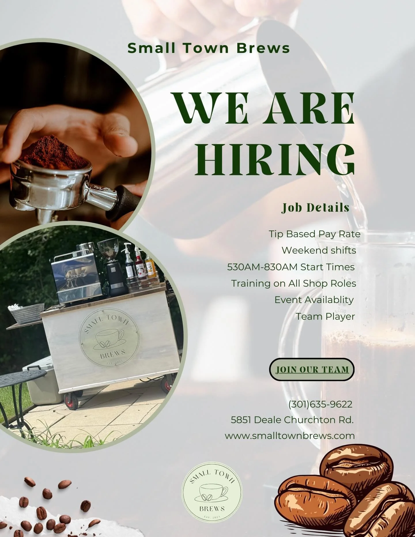 Small Town Brews is Hiring! 💚

We are a fast paced To Go facility serving up custom crafted drinks and light breakfast options to our community with a smile! 

✨ Job Requirements ✨

Strong customer service skills
Friendly, positive attitude
Reliable
