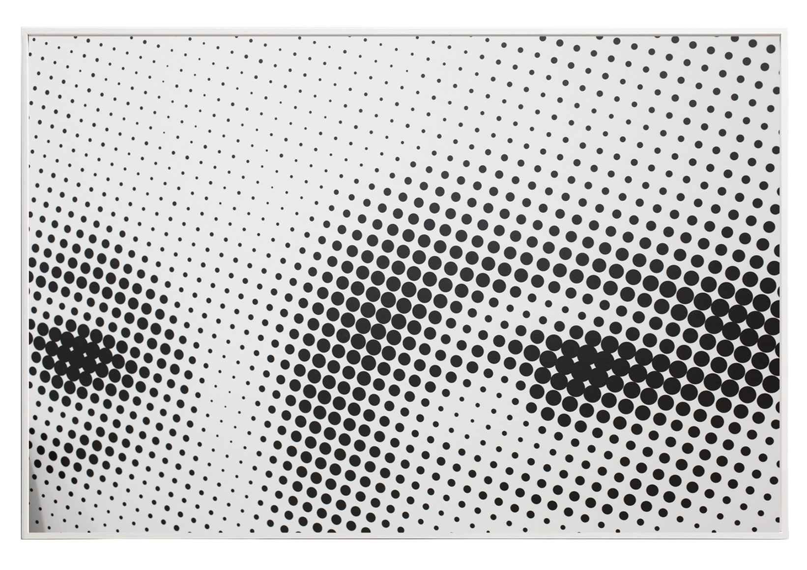 A black and white pop art style image featuring a pattern of dots varying in size, creating an optical illusion of depth and movement.