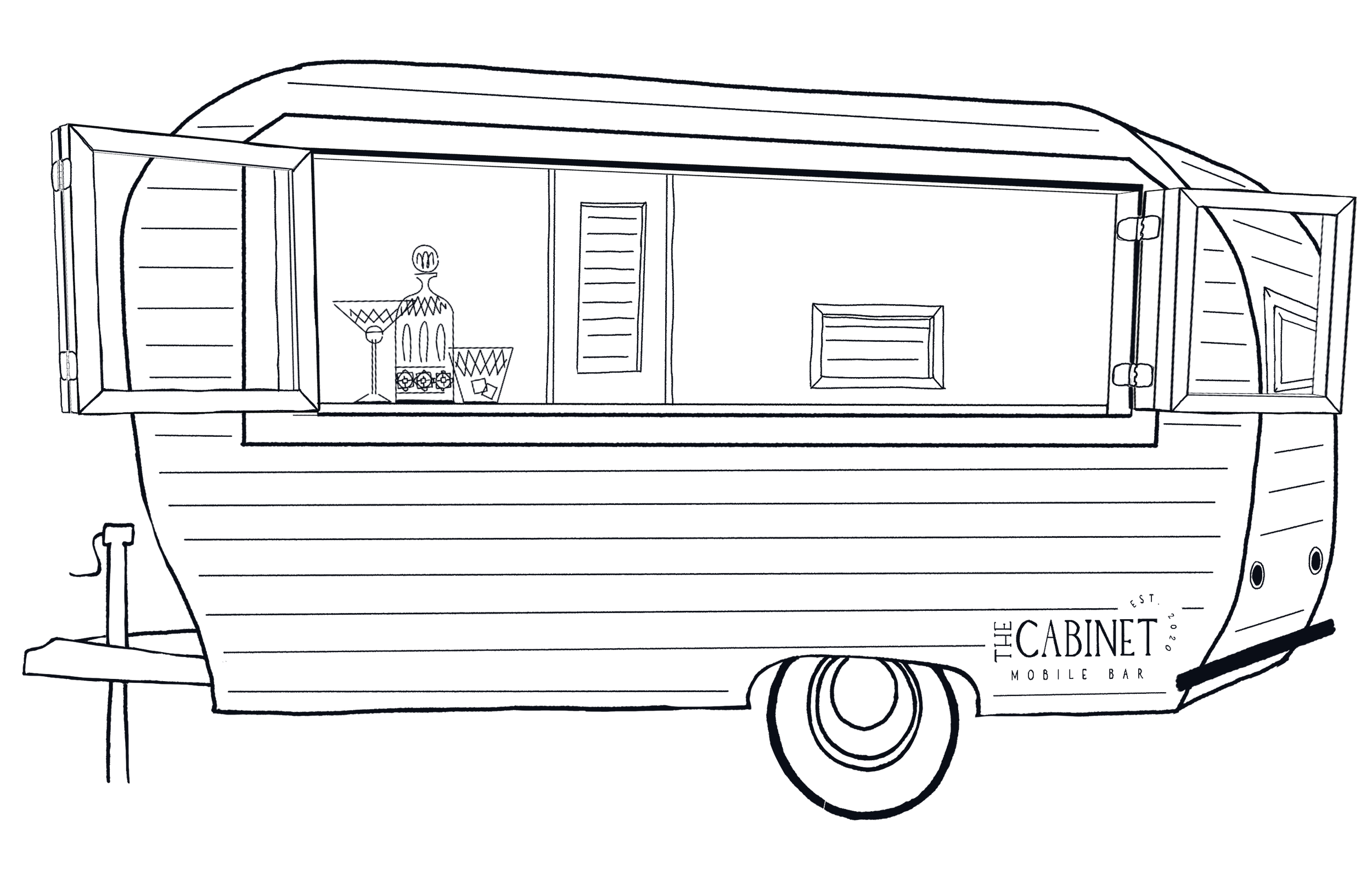 Illustration of The Cabinet Mobile Bar's vintage trailer — Victoria, BC mobile bar service.